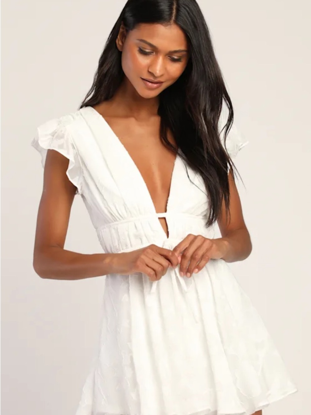 Lulu's White Textured Mini Romper with V-Neck